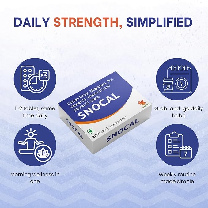 Orange Leaf SNOCAL health supplement box with daily routine icons, promoting bone health and wellness in India.