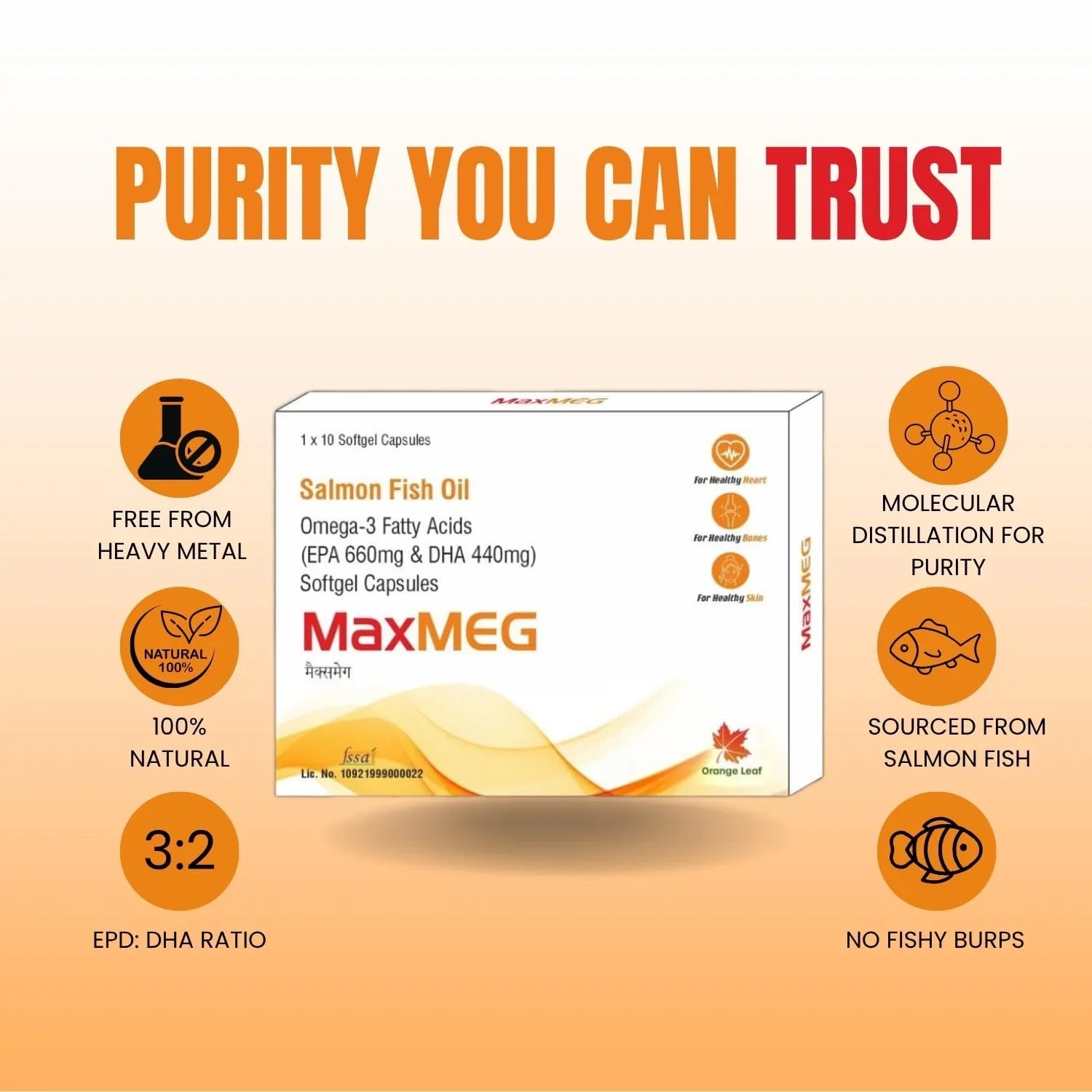 Orange Leaf MaxMEG Salmon Fish Oil Omega-3 capsules box with purity benefits highlighted.
