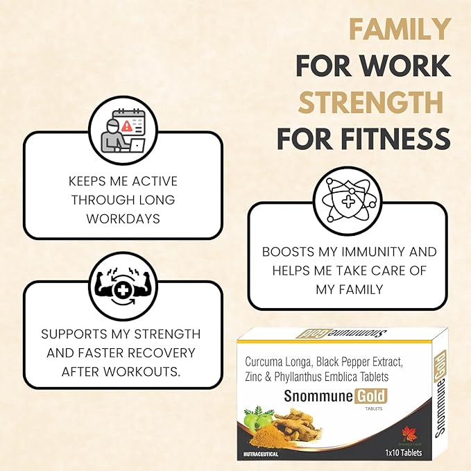 Snommune Gold tablets by Orange Leaf for immunity, strength, fitness, and work support