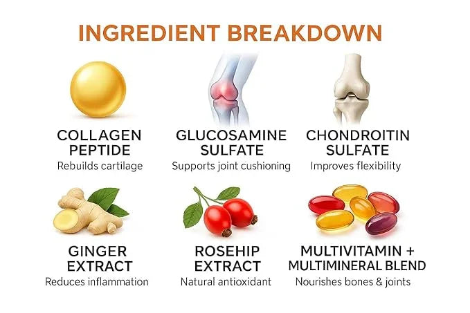 Ingredient breakdown graphic for Orange Leaf health supplements, showing collagen peptide, glucosamine sulfate, chondroitin sulfate, ginger extract, rosehip extract, and multivitamin blend with visuals.